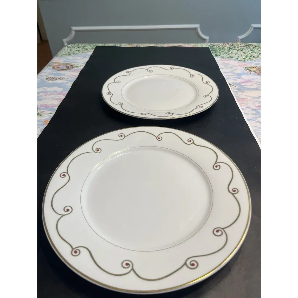 2pc Pier 1 Holiday Scroll Gold Rimmed 10.5” Dinner Plates